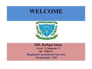 WELCOME
MD. Rafiqul Islam
Level : 2, Semester: 2
ID : 1501171
Bangladesh Agricultural University
Mymensingh - 2202
 