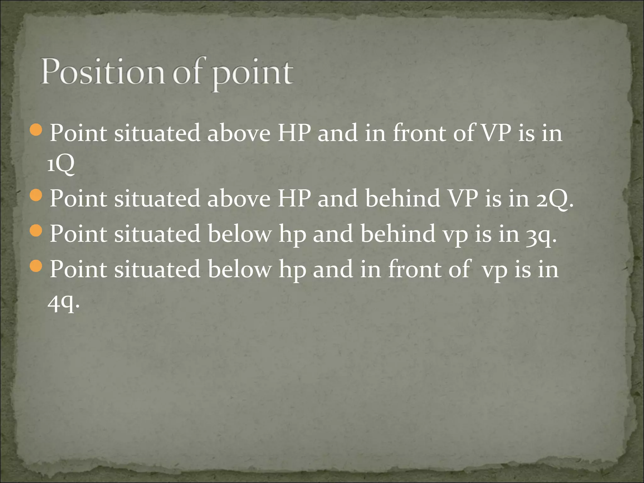 Point situated above HP and in front of VP is in
1Q
Point situated above HP and behind VP is in 2Q.
Point situated below hp and behind vp is in 3q.
Point situated below hp and in front of vp is in
4q.
 
