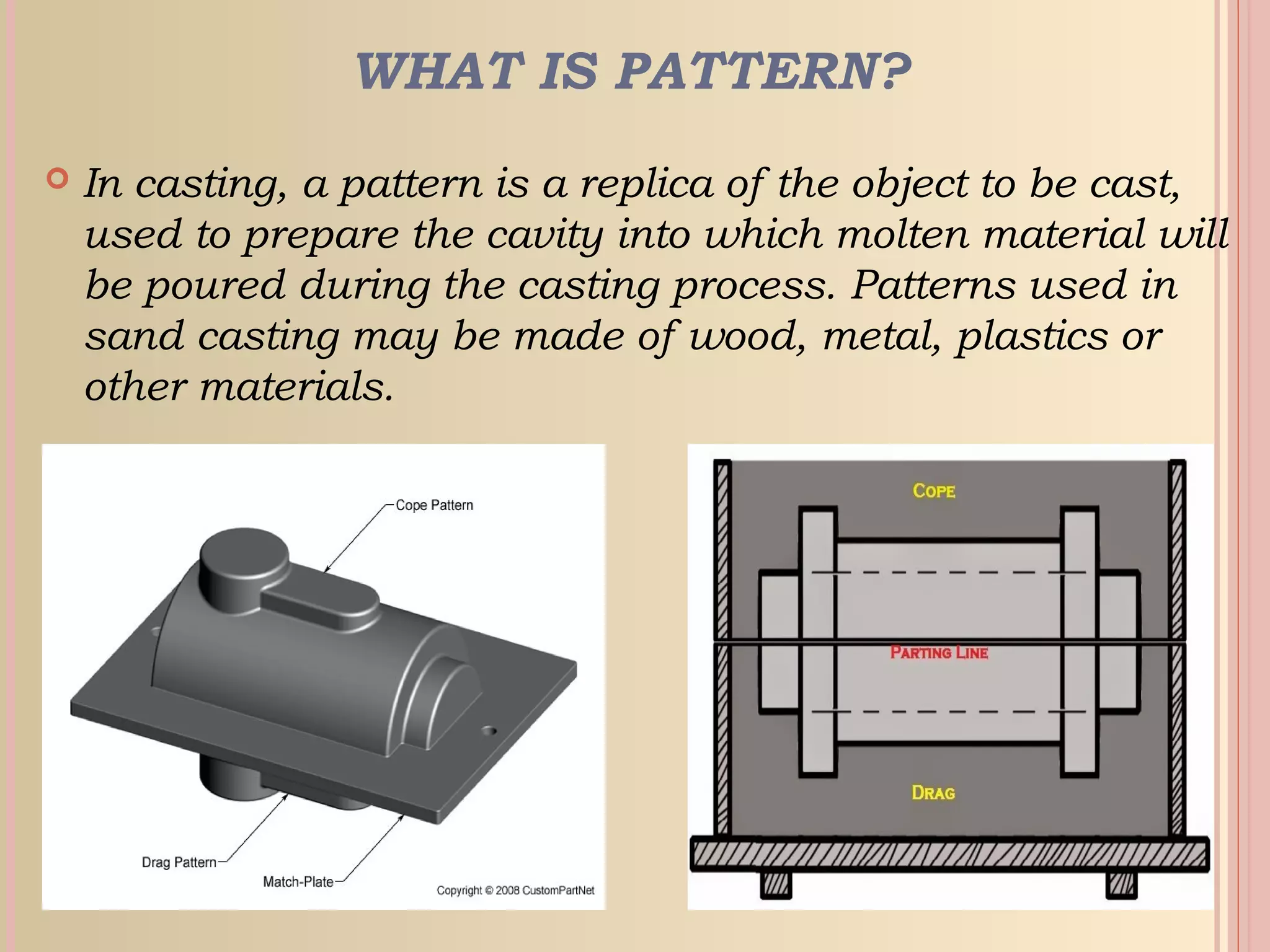 WHAT IS PATTERN?
 In casting, a pattern is a replica of the object to be cast,
used to prepare the cavity into which molten material will
be poured during the casting process. Patterns used in
sand casting may be made of wood, metal, plastics or
other materials.
 