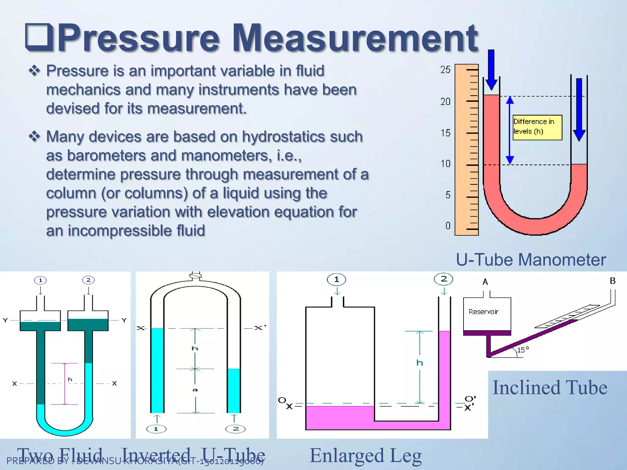 Pressure Measurement
 Pressure is an important variable in fluid
mechanics and many instruments have been
devised for its measurement.
 Many devices are based on hydrostatics such
as barometers and manometers, i.e.,
determine pressure through measurement of a
column (or columns) of a liquid using the
pressure variation with elevation equation for
an incompressible fluid
Enlarged LegTwo Fluid
Inclined Tube
Inverted U-Tube
U-Tube Manometer
PREPARED BY : DEVANSU KHORASIYA(GIT-150120119066)
 