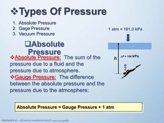 1. Absolute Pressure
2. Gage Pressure
3. Vacuum Pressure
Types Of Pressure
Absolute
Pressure
Absolute Pressure: The sum of the
pressure due to a fluid and the
pressure due to atmosphere.
Gauge Pressure: The difference
between the absolute pressure and the
pressure due to the atmosphere:
Absolute Pressure = Gauge Pressure + 1 atm
h
P = 196 kPa
1 atm = 101.3 kPa
PREPARED BY : DEVANSU KHORASIYA(GIT-150120119066)
 