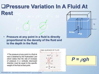 Pressure Variation In A Fluid At
Rest
; ;
mg
P m V V Ah
A
  
Vg Ahg
P
A A
 
 
h
mg
Area
P = gh
• Pressure at any point in a fluid is directly
proportional to the density of the fluid and
to the depth in the fluid.
PREPARED BY : DEVANSU KHORASIYA(GIT-150120119066)
 