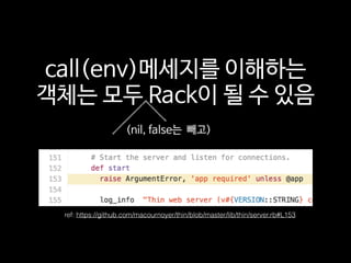 call(env)메세지를 이해하는 

객체는 모두 Rack이 될 수 있음
(nil, false는 빼고)
ref: https://github.com/macournoyer/thin/blob/master/lib/thin/server.rb#L153
 