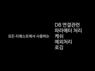 DB 연결관련

파라메터 처리

케쉬

예외처리

로깅
모든 리퀘스트에서 사용하는
 