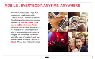 6
Désormais, le digital est l’objet d’un
mouvement vers le tout mobile.
Jusqu’à 84% de l’audience du réseau
Facebook peut se réaliser sur devices
mobiles (1). Pour 98,3% des 15-34
ans le mobile est devenu l'écran
principal pour accéder à Internet (2).
Ce n'est plus une tendance mais un
état, une constante inscrite dans nos
usages, nos rencontres, nos modes
cognitifs ; plus qu'un état d'esprit, une
manière d'être au monde : Mobilis in
Mobili (Mobile dans l'élément mobile).
MOBILE : EVERYBODY, ANYTIME, ANYWHERE
 