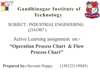 SUBJECT : INDUSTRIALENGINEERING
(2161907 )
Active Learning assignment on:-
“Operation Process Chart & Flow
Process Chart”
Prepared by:-Savsani Happy (150123119045)
 