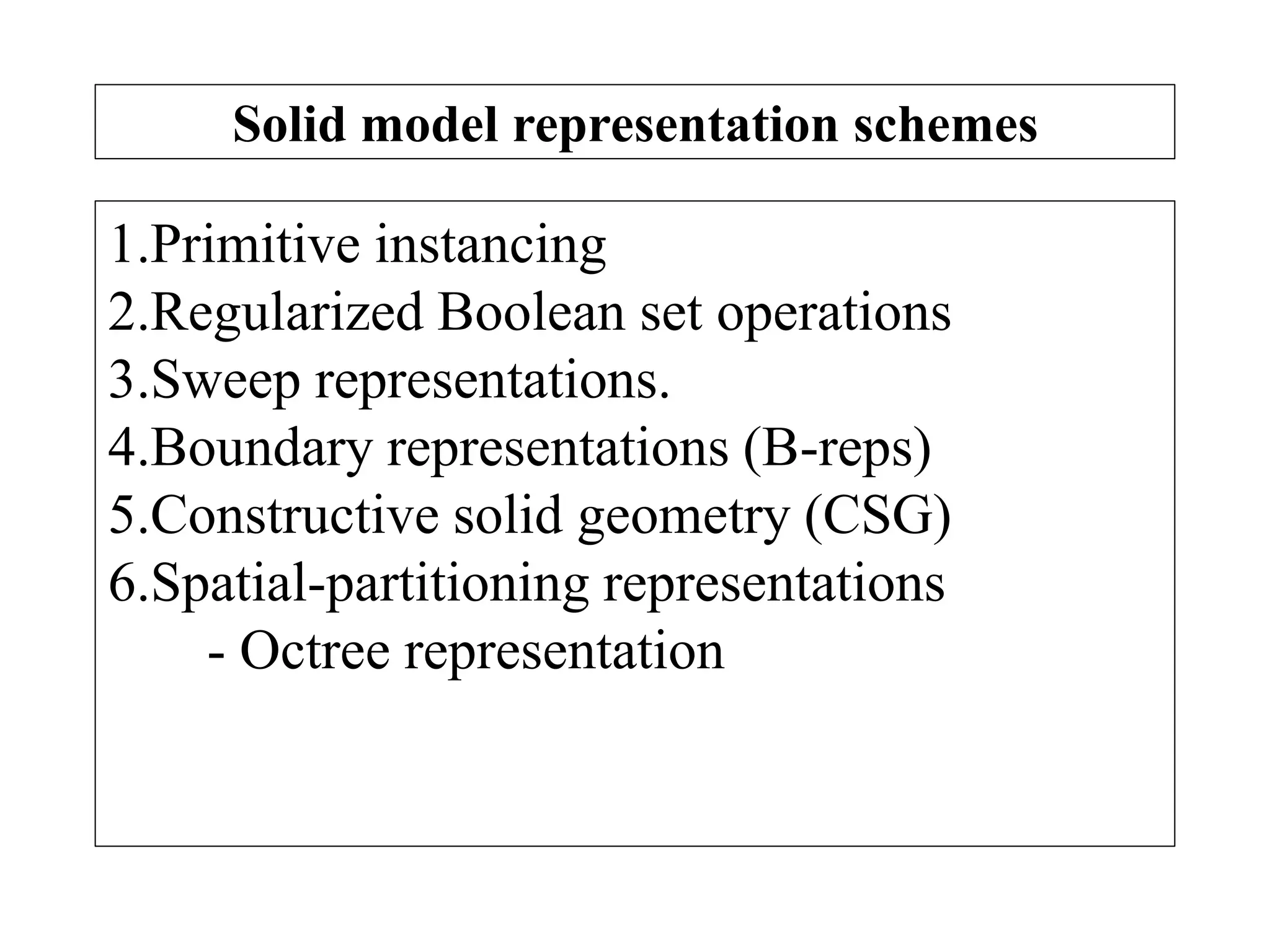 Solid model representation schemes
1.Primitive instancing
2.Regularized Boolean set operations
3.Sweep representations.
4.Boundary representations (B-reps)
5.Constructive solid geometry (CSG)
6.Spatial-partitioning representations
- Octree representation
 