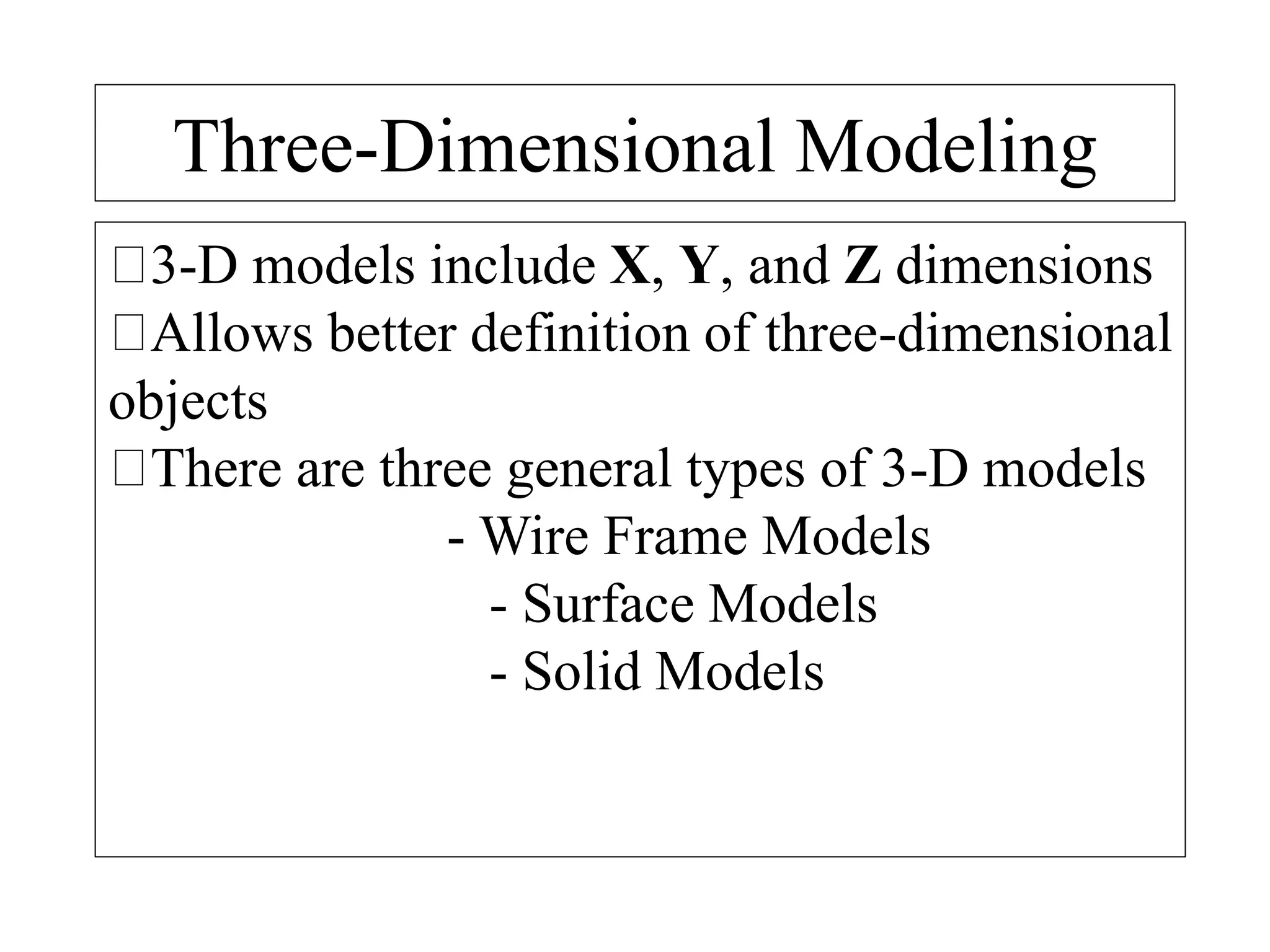 Three-Dimensional Modeling
3-D models include X, Y, and Z dimensions
Allows better definition of three-dimensional
objects
There are three general types of 3-D models
- Wire Frame Models
- Surface Models
- Solid Models
 