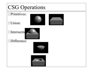 CSG Operations
Primitives:
Union:
Intersection:
Difference:
 