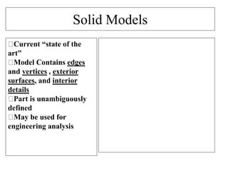 Solid Models
Current “state of the
art”
Model Contains edges
and vertices , exterior
surfaces, and interior
details
Part is unambiguously
defined
May be used for
engineering analysis
 