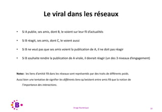 Virage Numérique 10
Le viral dans les réseaux
• Si A publie, ses amis, dont B, le voient sur leur fil d’actualités
• Si B réagit, ses amis, dont C, le voient aussi
• Si B ne veut pas que ses amis voient la publication de A, il ne doit pas réagir
• Si B souhaite rendre la publication de A virale, il devrait réagir (un des 3 niveaux d’engagement)
Notez : les liens d’amitié FB dans les réseaux sont représentés par des traits de différents poids.
Aussi bien une tentative de signifier les différents liens qu’existent entre amis FB que la notion de
l’importance des interactions.
 