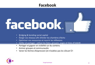 Virage Numérique 33
Facebook
• Bridging & bonding social capital
• Élargir vos réseaux afin d’éviter les chambres d’écho
• Optimiser vos ressources et nourrir les réflexions
• Veiller et partager : utiliser les listes, groupes, pages et listes d’intérêt
• Partager et gagner en visibilité sur du contenu
• Animer groupes et communautés
• Varier les formes d’expression (et n’oubliez pas les LOLcat !
 
