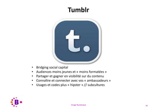Virage Numérique 45
Tumblr
• Bridging social capital
• Audiences moins jeunes et « moins formatées »
• Partager et gagner en visibilité sur du contenu
• Connaître et connecter avec vos « ambassadeurs »
• Usages et codes plus « hipster » // subcultures
 
