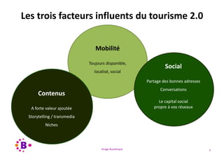 Virage Numérique 5
Les trois facteurs influents du tourisme 2.0
Mobilité
Toujours disponible,
localisé, social
Contenus
A forte valeur ajoutée
Storytelling / transmedia
Niches
Social
Partage des bonnes adresses
Conversations
Le capital social
propre à vos réseaux
 