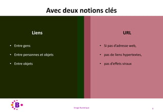 Virage Numérique 6
Avec deux notions clés
Social
Partage des bonnes adresses
Conversations
Le capital social
propre à vos réseaux
Liens
• Entre gens
• Entre personnes et objets
• Entre objets
URL
• Si pas d’adresse web,
• pas de liens hypertextes,
• pas d’effets viraux
 