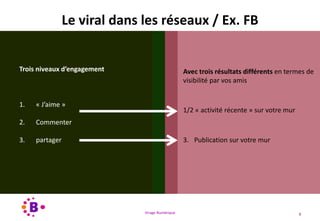 Virage Numérique 8
Trois niveaux d’engagement
1. « J’aime »
2. Commenter
3. partager
Avec trois résultats différents en termes de
visibilité par vos amis
1/2 « activité récente » sur votre mur
3. Publication sur votre mur
Le viral dans les réseaux / Ex. FB
 