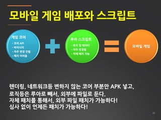 22
모바일 게임 배포와 스크립트
게임 코어
•코어 API
•바이너리
•자주 변경 안됨
•패치 어려움
루아 스크립트
•로직 및 데이터
•자주 변경됨
•자체 패치 가능
모바일 게임
렌더링, 네트워크등 변하지 않는 코어 부분만 APK 넣고,
로직등은 루아로 빼서, 외부에 파일로 둔다.
자체 패치를 통해서, 외부 파일 패치가 가능하다!
심사 없이 언제든 패치가 가능하다!
 