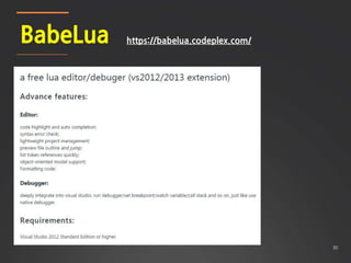 30
BabeLua https://babelua.codeplex.com/
 