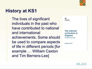 .
History at KS1
The lives of significant
individuals in the past who
have contributed to national
and international
achievements. Some should
be used to compare aspects
of life in different periods [for
example … William Caxton
and Tim Berners-Lee]
DfE, 2013
 