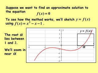 )(xfy =
Suppose we want to find an approximate solution to
the equation
0)( =xf
The root
lies between
1 and 2.
α
α
To see how the method works, we’ll sketch
using .
)(xfy =
1)( 3
−−= xxxf
We’ll zoom in
near α
 