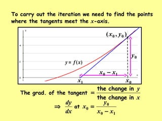)(xfy =
0x1x
),( 00 yx x
To carry out the iteration we need to find the points
where the tangents meet the x-axis.
The grad. of the tangent
x
y
inchangethe
inchangethe
=
10
0
0
xx
y
x
dx
dy
−
=⇒ at
0y
10 xx −
 