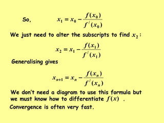 )(
)(
0
/
0
01
xf
xf
xx −=So,
We just need to alter the subscripts to find :2x
)(
)(
1
/
1
12
xf
xf
xx −=
Generalising gives
)(
)(
/1
n
n
nn
xf
xf
xx −=+
We don’t need a diagram to use this formula but
we must know how to differentiate .)(xf
Convergence is often very fast.
 