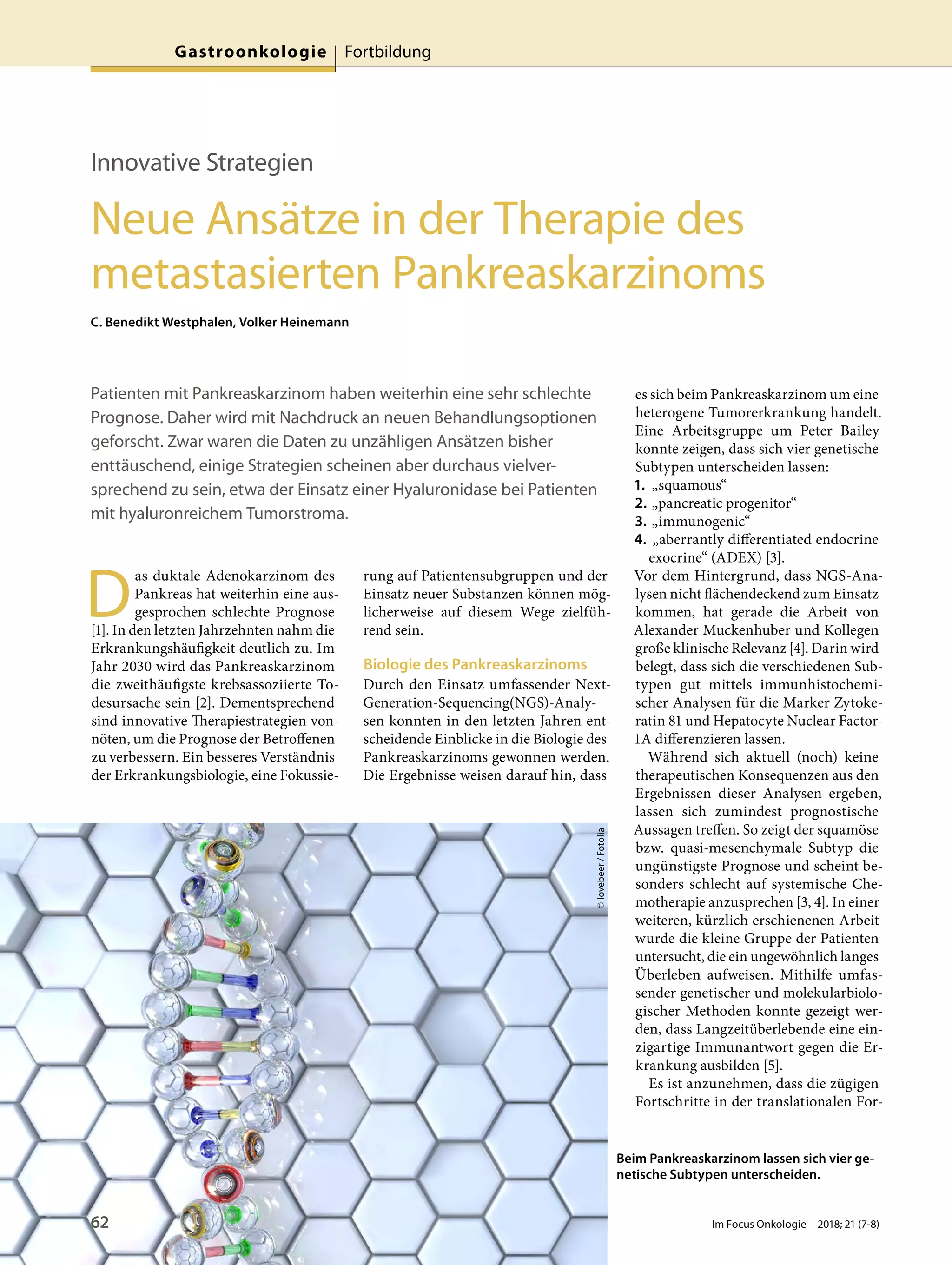 Innovative Strategien
Neue Ansätze in der Therapie des
metastasierten Pankreaskarzinoms
C. Benedikt Westphalen, Volker Heinemann
Patienten mit Pankreaskarzinom haben weiterhin eine sehr schlechte
Prognose. Daher wird mit Nachdruck an neuen Behandlungsoptionen
geforscht. Zwar waren die Daten zu unzähligen Ansätzen bisher
enttäuschend, einige Strategien scheinen aber durchaus vielver-
sprechend zu sein, etwa der Einsatz einer Hyaluronidase bei Patienten
mit hyaluronreichem Tumorstroma.
D
as duktale Adenokarzinom des
Pankreas hat weiterhin eine aus-
gesprochen schlechte Prognose
[1]. In den letzten Jahrzehnten nahm die
Erkrankungshäufigkeit deutlich zu. Im
Jahr 2030 wird das Pankreaskarzinom
die zweithäufigste krebsassoziierte To-
desursache sein [2]. Dementsprechend
sind innovative Therapiestrategien von-
nöten, um die Prognose der Betroffenen
zu verbessern. Ein besseres Verständnis
der Erkrankungsbiologie, eine Fokussie-
rung auf Patientensubgruppen und der
Einsatz neuer Substanzen können mög-
licherweise auf diesem Wege zielfüh-
rend sein.
Biologie des Pankreaskarzinoms
Durch den Einsatz umfassender Next-
Generation-Sequencing(NGS)-Analy-
sen konnten in den letzten Jahren ent-
scheidende Einblicke in die Biologie des
Pankreaskarzinoms gewonnen werden.
Die Ergebnisse weisen darauf hin, dass
es sich beim Pankreaskarzinom um eine
heterogene Tumorerkrankung handelt.
Eine Arbeitsgruppe um Peter Bailey
konnte zeigen, dass sich vier genetische
Subtypen unterscheiden lassen:
1. „squamous“
2. „pancreatic progenitor“
3. „immunogenic“
4. „aberrantly differentiated endocrine
exocrine“ (ADEX) [3].
Vor dem Hintergrund, dass NGS-Ana-
lysen nicht flächendeckend zum Einsatz
kommen, hat gerade die Arbeit von
Alexander Muckenhuber und Kollegen
große klinische Relevanz [4]. Darin wird
belegt, dass sich die verschiedenen Sub-
typen gut mittels immunhistochemi-
scher Analysen für die Marker Zytoke-
ratin 81 und Hepatocyte Nuclear Factor-
1A differenzieren lassen.
Während sich aktuell (noch) keine
therapeutischen Konsequenzen aus den
Ergebnissen dieser Analysen ergeben,
lassen sich zumindest prognostische
Aussagen treffen. So zeigt der squamöse
bzw. quasi-mesenchymale Subtyp die
ungünstigste Prognose und scheint be-
sonders schlecht auf systemische Che-
motherapie anzusprechen [3, 4]. In einer
weiteren, kürzlich erschienenen Arbeit
wurde die kleine Gruppe der Patienten
untersucht, die ein ungewöhnlich langes
Überleben aufweisen. Mithilfe umfas-
sender genetischer und molekularbiolo-
gischer Methoden konnte gezeigt wer-
den, dass Langzeitüberlebende eine ein-
zigartige Immunantwort gegen die Er-
krankung ausbilden [5].
Es ist anzunehmen, dass die zügigen
Fortschritte in der translationalen For-
Beim Pankreaskarzinom lassen sich vier ge-
netische Subtypen unterscheiden.
©lovebeer/Fotolia
62 Im Focus Onkologie 2018; 21 (7-8)
Gastroonkologie Fortbildung
 
