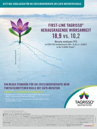 1. Fachinformation TAGRISSO®
, Stand Juni 2018.
2. Soria JC et al. N Engl J Med 2018; 378(2): 113–125.
TAGRISSO®
40 mg und TAGRISSO®
80 mg Filmtabletten
Dieses Arzneimittel unterliegt einer zusätzlichen Überwachung. Dies ermöglicht eine schnelle Identifizierung neuer Erkenntnisse über die Sicherheit. Angehörige von Gesundheitsberufen sind aufgefordert, jeden
Verdachtsfall einer Nebenwirkung zu melden. Wirkstoff: Osimertinib. Verschreibungspflichtig. Zusammensetzung: TAGRISSO®
40 mg: Jede Tablette enthält 40 mg Osimertinib (als Mesilat). TAGRISSO®
80 mg: Jede Tablette enthält 80 mg Osimertinib (als Mesilat). Sonstige Bestandteile: Tablettenkern: Mannitol (Ph.Eur.), Mikrokristalline Cellulose, Hyprolose (5,0-16,0 %) (E463), Natriumstearylfumarat (Ph.
Eur.). Tablettenhülle: Poly(vinylalkohol), Titandioxid (E171), Macrogol (3350), Talkum, Eisen(III)-hydroxid-oxid x H2
O (E172), Eisen(III)-oxid (E172), Eisen(II,III)-oxid (E172). Anwendungsgebiet: TAGRISSO®
ist als
Monotherapie angezeigt zur: • Erstlinientherapie von erwachsenen Patienten mit lokal fortgeschrittenem oder metastasiertem, nicht-kleinzelligem Lungenkarzinom (NSCLC) mit aktivierenden Mutationen des epider-
malen Wachstumsfaktor Rezeptors (Epidermal Growth Factor Receptor, EGFR). • Behandlung von erwachsenen Patienten mit lokal fortgeschrittenem oder metastasiertem EGFR-T790M-mutationspositivem NSCLC.
Gegenanzeigen: Überempfindlichkeit gegen den Wirkstoff oder einen der sonstigen Bestandteile. Johanniskraut darf nicht zusammen mit TAGRISSO®
angewendet werden. Nebenwirkungen: Sehr häufig:
Diarrhö, Stomatitis, Hautausschlag, trockene Haut, Paronychie; Pruritus, verminderte Thrombozytenzahl, verminderte Leukozytenzahl, verminderte Lymphozytenzahl, verminderte Neutro-
philenzahl. Häufig: Interstitielle Lungenerkrankung. Gelegentlich: Keratitis, QTc-Intervall-Verlängerung. Weitere Hinweise: siehe Fachinformation. Pharmazeutischer Unternehmer:
AstraZeneca GmbH; 22876 Wedel, E-Mail: azinfo@astrazeneca.com, www.astrazeneca.de, Servicehotline für Produktanfragen: 0800 22 88 660. Stand: Juni 2018. DE-14879/18
DE-15035/18
EIN NEUER STANDARD FÜR DIE ERSTLINIENTHERAPIE BEIM
FORTGESCHRITTENEN NSCLC MIT EGFR-MUTATION
TAGRISSO®
IST ALS MONOTHERAPIE ZUGELASSEN FÜR:
• die Erstlinienbehandlung des lokal fortgeschrittenen oder metastasierten
NSCLC mit aktivierenden Mutationen des EGFR
• die Behandlung des lokal fortgeschrittenen oder metastasierten NSCLC
mit EGFR-T790M-Mutation
JETZT NEU ZUGELASSEN FÜR DIE ERSTLINIENTHERAPIE DES EGFR-MUTIERTEN NSCLC
FIRST-LINE TAGRISSO®
HERAUSRAGENDE WIRKSAMKEIT
18,9 vs.10,2
Monate medianes PFS
im EGFR-TKI-Vergleichsarm (HR = 0,46; p < 0,0001)
in der FLAURA-Studie1,2
 