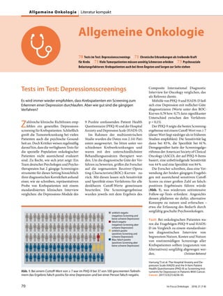 Allgemeine Onkologie
70 Tests im Test: Depressionsscreenings // 71 Chronische Erkrankungen als treibende Kraft
für Krebs // 71 Viele Tumorpatienten müssen unnötig Schmerzen erleiden // 73 Psychosoziale
Belastungsfaktoren: Krebspatienten auch bei ihren Ängsten und Sorgen zur Seite stehen
Tests im Test: Depressionsscreenings
Es wird immer wieder empfohlen, dass Krebspatienten ein Screening zum
Erkennen einer Depression durchlaufen. Aber wie gut sind die gängigen
Verfahren?
Zahlreiche klinische Richtlinien emp-
fehlen ein generelles Depressions-
screening für Krebspatienten. Schließlich
greift die Tumorerkrankung bei vielen
Patienten auch die psychische Gesund-
heit an. Doch Kritiker weisen regelmäßig
darauf hin, dass die verfügbaren Tests für
die spezielle Population onkologischer
Patienten nicht ausreichend evaluiert
sind. Zu Recht, wie sich jetzt zeigt: Ein
Team deutscher Psychologen und Psycho-
therapeuten hat 2 gängige Screeningin-
strumente für dieses Setting hinsichtlich
ihrer diagnostischen Korrektheit anhand
einer, wie sie schreiben, repräsentativen
Probe von Krebspatienten mit einem
standardisierten klinischen Interview
verglichen: die Depressions-Module des
9 Punkte umfassenden Patient Health
Questionnaire (PHQ-9) und der Hospital
Anxiety and Depression Scale (HADS-D).
Im Rahmen der multizentrischen
Studie wurden die Daten von 2.141 Pati-
enten ausgewertet. Sie litten unter ver-
schiedenen Krebserkrankungen und
waren mit den unterschiedlichsten
Behandlungsansätzen therapiert wor-
den. Um die diagnostische Güte der Ver-
fahren zu bewerten, griffen die Forscher
auf die sogenannten Receiver-Opera-
ting-Characteristic(ROC)-Kurven zu-
rück. Mit diesen lassen sich Sensitivität
und Spezifität eines Verfahrens für alle
denkbaren Cutoff-Werte gemeinsam
beurteilen. Die Screeningergebnisse
wurden jeweils mit dem Ergebnis des
Composite International Diagnostic
Interview for Oncology verglichen, das
als Referenz diente.
Mithilfe von PHQ-9 und HADS-D ließ
sich eine Depression mit redlicher Güte
diagnostizieren (Werte unter den ROC-
Kurven 0,78 bzw. 0,75; kein signifikanter
Unterschied zwischen den Verfahren:
p = 0,15).
Der PHQ-9 zeigte die besten Screening-
ergebnisse mit einem Cutoff-Wert von ≥ 7
(dieserWertliegtniedrigeralsinfrüheren
Studien empfohlen): Die Sensitivität lag
dann bei 83%, die Spezifität bei 61%.
Demgegenüber hatte der Screeningalgo-
rithmus der American Society of Clinical
Oncology (ASCO), der auf PHQ-9-Items
basiert, eine unbefriedigende Sensitivität
von 44% und eine Spezifität von 84%.
Die Forscher schreiben, dass eine Ver-
wendung der beiden gängigen Fragebö-
gen mit ausreichend sensitiven Cutoff-
Scores zu einer großen Zahl an falsch-
positiven Ergebnissen führen würde
(Abb. 1), was wiederum zeitintensive
Follow-up-Tests erfordere. Angesichts
dessen plädieren sie dafür, alternative
Konzepte zu nutzen und erforschen –
etwa die Erfassung des Bedarfs durch
sorgfältig geschulte Psychoonkologen.
Fazit: Bei onkologischen Patienten wa-
ren die Fragebögen PHQ-9 und HADS-
D im Vergleich zu einem standardisier-
ten diagnostischen Interview von
begrenztem Nutzen. Kosten und Nutzen
von routinemäßigen Screenings aller
Krebspatienten sollten (zugunsten von
Alternativen) sorgfältig abgewogen wer-
den. Christian Behrend
Hartung TJ et al. The Hospital Anxiety and De-
pression Scale (HADS) and the 9-Item Patient
Health Questionnaire (PHQ-9) as Screening Inst-
ruments for Depression in Patients With Cancer.
Cancer. 2017;123(21):4236-43.
Abb. 1: Bei einem Cuttoff-Wert von ≥ 7 war im PHQ-9 bei 37 von 100 gescreenten Teilneh-
mern das Ergebnis falsch positiv für eine Depression und bei einer Person falsch negativ.
wirklich negativ
(negatives Screening und
keine schwere Depression)
falsch negativ
(negatives Screening aber
schwere Depression)
wirklich positiv
(positives Screening und
schwere Depression)
Blau: falsch positiv
(positives Screening aber
keine schwere Depression)
70 Im Focus Onkologie 2018; 21 (7-8)
Allgemeine Onkologie Literatur kompakt
 