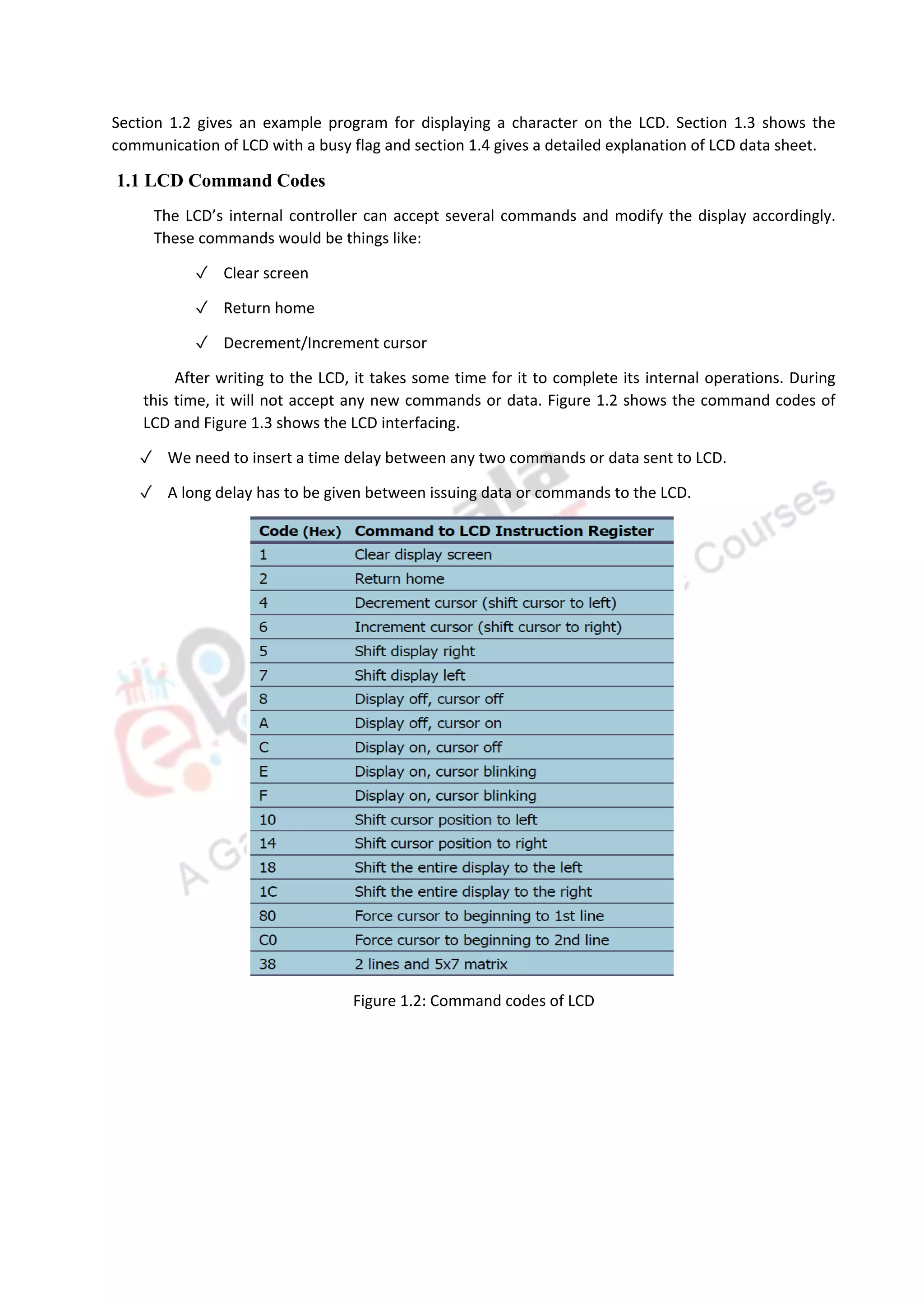 Section 1.2 gives an example program for displaying a character on the LCD. Section 1.3 shows the
communication of LCD with a busy flag and section 1.4 gives a detailed explanation of LCD data sheet.
1.1 LCD Command Codes
The LCD’s internal controller can accept several commands and modify the display accordingly.
These commands would be things like:
✓ Clear screen
✓ Return home
✓ Decrement/Increment cursor
After writing to the LCD, it takes some time for it to complete its internal operations. During
this time, it will not accept any new commands or data. Figure 1.2 shows the command codes of
LCD and Figure 1.3 shows the LCD interfacing.
✓ We need to insert a time delay between any two commands or data sent to LCD.
✓ A long delay has to be given between issuing data or commands to the LCD.
Figure 1.2: Command codes of LCD
 