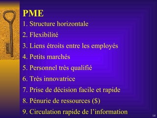 PME 1. Structure horizontale 2. Flexibilité  3. Liens étroits entre les employés  4. Petits marchés  5. Personnel très qualifié 6. Très innovatrice  7. Prise de décision facile et rapide  8. Pénurie de ressources ($) 9. Circulation rapide de l’information  