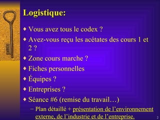 Logistique:   Vous avez tous le codex ? Avez-vous reçu les acétates des cours 1 et 2 ? Zone cours marche ? Fiches personnelles Équipes ?  Entreprises ? Séance #6 (remise du travail…) Plan détaillé +  présentation de l’environnement externe, de l’industrie et de l’entreprise. 