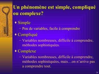Un phénomène est simple, compliqué  ou complexe? Simple Peu de variables, facile à comprendre  Compliqué Variables nombreuses, difficile à comprendre, méthodes sophistiquées.  Complexe Variables nombreuses, difficile à comprendre, méthodes sophistiquées, mais…on n’arrive pas a comprendre tout.  