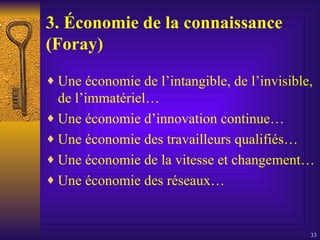 3. Économie de la connaissance (Foray) Une économie de l’intangible, de l’invisible, de l’immatériel… Une économie d’innovation continue… Une économie des travailleurs qualifiés… Une économie de la vitesse et changement… Une économie des réseaux… 