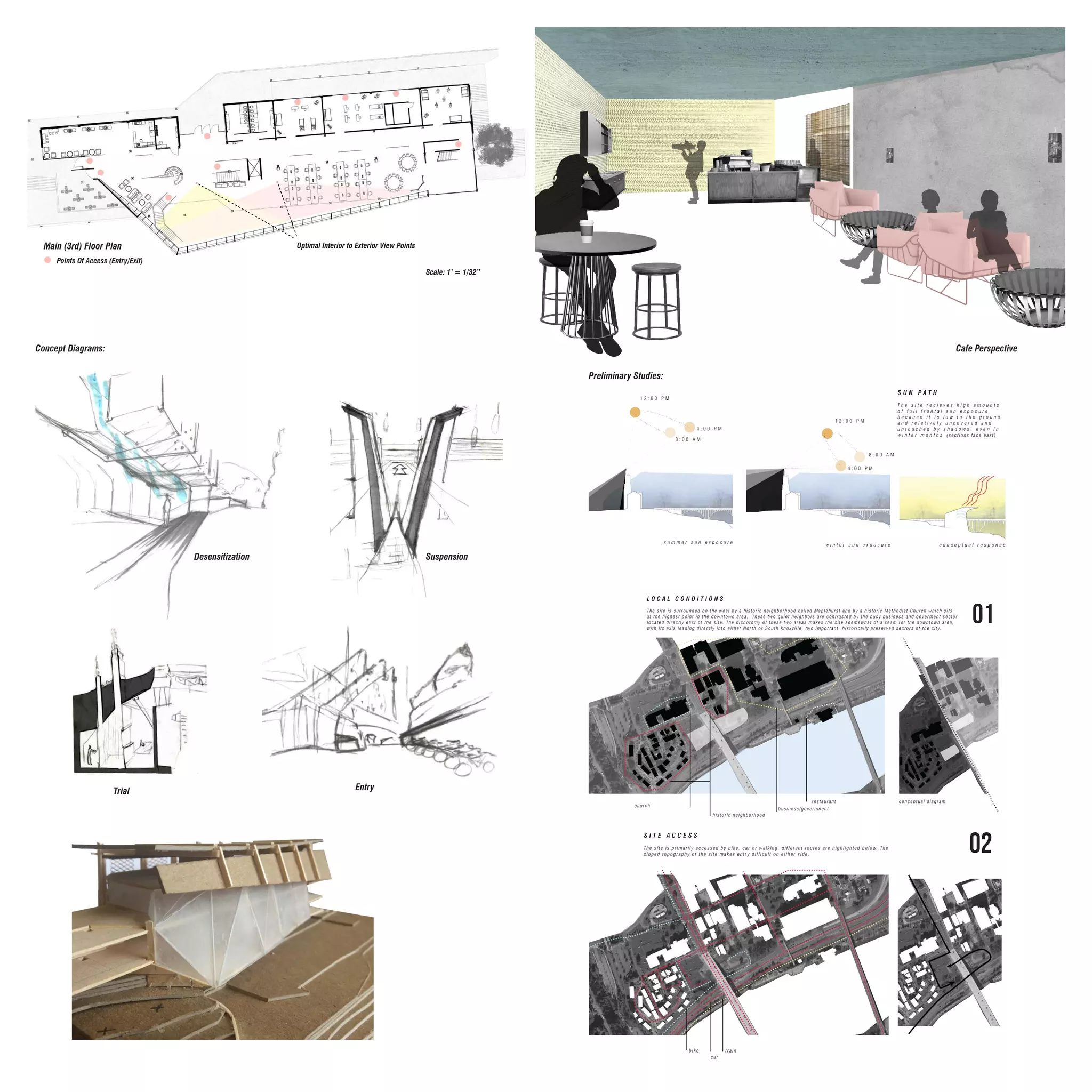 Main (3rd) Floor Plan Optimal Interior to Exterior View Points
Points Of Access (Entry/Exit)
Concept Diagrams:
Desensitization
Entry
Suspension
Trial
Cafe Perspective
Preliminary Studies:
Scale: 1’ = 1/32”
 