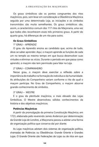 160
Os graus simbólicos são os pontos congruentes dos ritos
maçônicos, pois, sem levar em consideração a Obediência Maçônica
seguida por uma determinada Loja, as iniciações e os símbolos
transmitidos são muito semelhantes. Os graus simbólicos são,
assim, a característica comum dos 117 ritos da Maçonaria, uma vez
que todos eles reconhecem esses três primeiros graus. A partir do
quarto grau, há diferenças de um rito para outro.
Os Graus Simbólicos
1° GRAU – APRENDIZ
O grau do Aprendiz ensina ao candidato que, acima de tudo,
deve-se saber aprender. Aqui, o maçom aprende as funções de cada
um no templo ao mesmo tempo em que busca desenvolver suas
virtudes e eliminar os vícios. Durante o período em que passa como
aprendiz, o maçom não tem permissão para falar na Loja.
2° GRAU – COMPANHEIRO
Nesse grau, o maçom deve exercitar a reflexão sobre a
importância do trabalho na formação do indivíduo e da humanidade.
As atribuições do Companheiro variam conforme o rito do qual o
maçom participa. No Grau de Companheiro, o maçom absorve
grande conhecimento de símbolos.
3° GRAU – MESTRE
É o grau da plenitude maçônica, o mais elevado das Lojas
Simbólicas. O Mestre desenvolveu sólidos conhecimentos da
história e dos objetivos maçônicos.
Potências Maçônicas
A partir da promulgação da primeira Constituição Maçônica, em
1723, elaborada pelo reverendo James Anderson por determinação
da Grande Loja de Londres, a Maçonaria passou a adotar uma forma
de organização política que conserva daí por diante.
As Lojas maçônicas adotam dois sistemas de organização política,
chamadas de Potências ou Obediências: Grande Oriente e Grandes
Lojas. O Grande Oriente são Federações de Lojas ou de ritos em que
A ORGANIZAÇÃO DA MAÇONARIA
Entre em nosso Canal no Telegram: t.me/BRASILREVISTAS
 