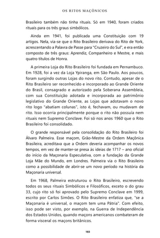 183
Brasileiro também não tinha rituais. Só em 1940, foram criados
rituais para os três graus simbólicos.
Ainda em 1941, foi publicada uma Constituição com 19
artigos. Nela, via-se que o Rito Brasileiro derivava do Rito de York,
acrescentando a Palavra de Passe para “Cruzeiro do Sul”, e era então
composto de três graus: Aprendiz, Companheiro e Mestre, e mais
quatro títulos de Honra.
A primeira Loja do Rito Brasileiro foi fundada em Pernambuco.
Em 1928, foi a vez da Loja Ypiranga, em São Paulo. Aos poucos,
foram surgindo outras Lojas do novo rito. Contudo, apesar de o
Rito Brasileiro ser reconhecido e incorporado ao Grande Oriente
do Brasil, consagrado e autorizado pela Soberana Assembleia,
com sua Constituição adotada e incorporada ao patrimônio
legislativo do Grande Oriente, as Lojas que adotavam o novo
rito logo “abatiam colunas”, isto é, fechavam, ou mudavam de
rito. Isso ocorria principalmente porque o rito não possuía nem
rituais nem Supremo Conclave. Foi só nos anos 1960 que o Rito
Brasileiro foi consolidado.
O grande responsável pela consolidação do Rito Brasileiro foi
Álvaro Palmeira. Esse maçom, Grão-Mestre da Ordem Maçônica
Brasileira, acreditava que a Ordem deveria acompanhar os novos
tempos, em vez de manter-se presa às ideias de 1717 – ano oficial
do início da Maçonaria Especulativa, com a fundação da Grande
Loja Mãe do Mundo, em Londres. Palmeira via o Rito Brasileiro
como a possibilidade de abrir-se um novo período na história da
Maçonaria universal.
Em 1968, Palmeira estruturou o Rito Brasileiro, escrevendo
todos os seus rituais Simbólicos e Filosóficos, exceto o do grau
33, cujo rito só foi aprovado pelo Supremo Conclave em 1999,
escrito por Carlos Simões. O Rito Brasileiro enfatiza que, "se a
Maçonaria é universal, o maçom tem uma Pátria”. Com efeito,
isso pode ser visto, por exemplo, na Guerra de Independência
dos Estados Unidos, quando maçons americanos combateram de
forma visceral os maçons britânicos.
OS RITOS MAÇÔNICOS
Entre em nosso Canal no Telegram: t.me/BRASILREVISTAS
 