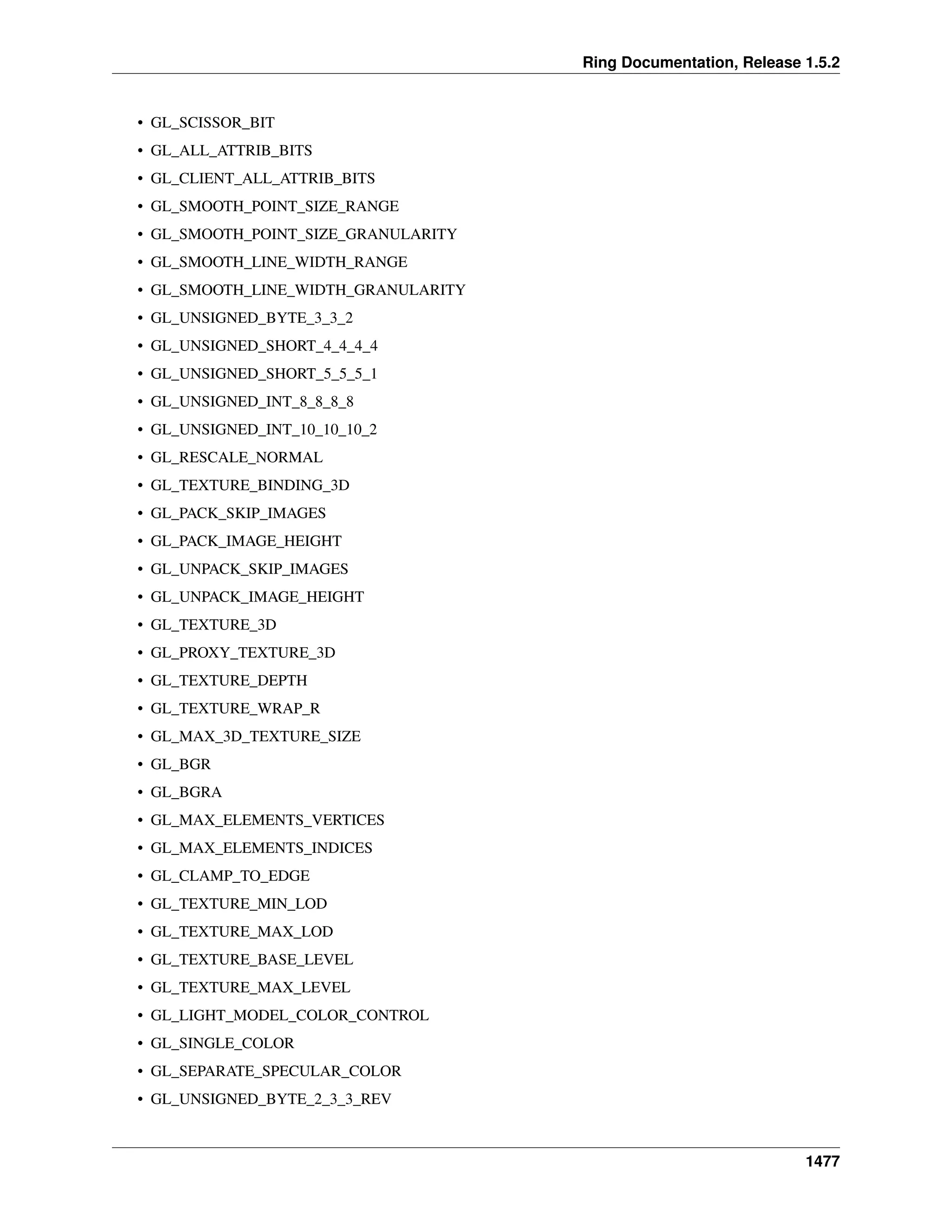 Ring Documentation, Release 1.5.2
• GL_SCISSOR_BIT
• GL_ALL_ATTRIB_BITS
• GL_CLIENT_ALL_ATTRIB_BITS
• GL_SMOOTH_POINT_SIZE_RANGE
• GL_SMOOTH_POINT_SIZE_GRANULARITY
• GL_SMOOTH_LINE_WIDTH_RANGE
• GL_SMOOTH_LINE_WIDTH_GRANULARITY
• GL_UNSIGNED_BYTE_3_3_2
• GL_UNSIGNED_SHORT_4_4_4_4
• GL_UNSIGNED_SHORT_5_5_5_1
• GL_UNSIGNED_INT_8_8_8_8
• GL_UNSIGNED_INT_10_10_10_2
• GL_RESCALE_NORMAL
• GL_TEXTURE_BINDING_3D
• GL_PACK_SKIP_IMAGES
• GL_PACK_IMAGE_HEIGHT
• GL_UNPACK_SKIP_IMAGES
• GL_UNPACK_IMAGE_HEIGHT
• GL_TEXTURE_3D
• GL_PROXY_TEXTURE_3D
• GL_TEXTURE_DEPTH
• GL_TEXTURE_WRAP_R
• GL_MAX_3D_TEXTURE_SIZE
• GL_BGR
• GL_BGRA
• GL_MAX_ELEMENTS_VERTICES
• GL_MAX_ELEMENTS_INDICES
• GL_CLAMP_TO_EDGE
• GL_TEXTURE_MIN_LOD
• GL_TEXTURE_MAX_LOD
• GL_TEXTURE_BASE_LEVEL
• GL_TEXTURE_MAX_LEVEL
• GL_LIGHT_MODEL_COLOR_CONTROL
• GL_SINGLE_COLOR
• GL_SEPARATE_SPECULAR_COLOR
• GL_UNSIGNED_BYTE_2_3_3_REV
1477
 