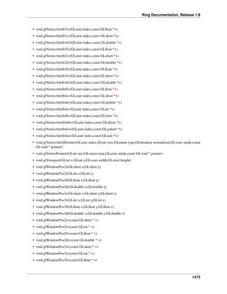 Ring Documentation, Release 1.8
• void glVertexAttrib1fv(GLuint index,const GLﬂoat *v)
• void glVertexAttrib1sv(GLuint index,const GLshort *v)
• void glVertexAttrib1dv(GLuint index,const GLdouble *v)
• void glVertexAttrib2fv(GLuint index,const GLﬂoat *v)
• void glVertexAttrib2sv(GLuint index,const GLshort *v)
• void glVertexAttrib2dv(GLuint index,const GLdouble *v)
• void glVertexAttrib3fv(GLuint index,const GLﬂoat *v)
• void glVertexAttrib3sv(GLuint index,const GLshort *v)
• void glVertexAttrib3dv(GLuint index,const GLdouble *v)
• void glVertexAttrib4fv(GLuint index,const GLﬂoat *v)
• void glVertexAttrib4sv(GLuint index,const GLshort *v)
• void glVertexAttrib4dv(GLuint index,const GLdouble *v)
• void glVertexAttrib4iv(GLuint index,const GLint *v)
• void glVertexAttrib4bv(GLuint index,const GLbyte *v)
• void glVertexAttrib4ubv(GLuint index,const GLubyte *v)
• void glVertexAttrib4usv(GLuint index,const GLushort *v)
• void glVertexAttrib4uiv(GLuint index,const GLuint *v)
• void glVertexAttribPointer(GLuint index,GLint size,GLenum type,GLboolean normalized,GLsizei stride,const
GLvoid * pointer)
• void glVertexPointer(GLint size,GLenum type,GLsizei stride,const GLvoid * pointer)
• void glViewport(GLint x,GLint y,GLsizei width,GLsizei height)
• void glWindowPos2s(GLshort x,GLshort y)
• void glWindowPos2i(GLint x,GLint y)
• void glWindowPos2f(GLﬂoat x,GLﬂoat y)
• void glWindowPos2d(GLdouble x,GLdouble y)
• void glWindowPos3s(GLshort x,GLshort y,GLshort z)
• void glWindowPos3i(GLint x,GLint y,GLint z)
• void glWindowPos3f(GLﬂoat x,GLﬂoat y,GLﬂoat z)
• void glWindowPos3d(GLdouble x,GLdouble y,GLdouble z)
• void glWindowPos2sv(const GLshort * v)
• void glWindowPos2iv(const GLint * v)
• void glWindowPos2fv(const GLﬂoat * v)
• void glWindowPos2dv(const GLdouble * v)
• void glWindowPos3sv(const GLshort * v)
• void glWindowPos3iv(const GLint * v)
• void glWindowPos3fv(const GLﬂoat * v)
1473
 