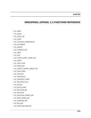 CHAPTER
RINGOPENGL (OPENGL 3.1) FUNCTIONS REFERENCE
• GL_ZERO
• GL_FALSE
• GL_LOGIC_OP
• GL_NONE
• GL_TEXTURE_COMPONENTS
• GL_NO_ERROR
• GL_POINTS
• GL_CURRENT_BIT
• GL_TRUE
• GL_ONE
• GL_CLIENT_PIXEL_STORE_BIT
• GL_LINES
• GL_LINE_LOOP
• GL_POINT_BIT
• GL_CLIENT_VERTEX_ARRAY_BIT
• GL_LINE_STRIP
• GL_LINE_BIT
• GL_TRIANGLES
• GL_TRIANGLE_STRIP
• GL_TRIANGLE_FAN
• GL_QUADS
• GL_QUAD_STRIP
• GL_POLYGON_BIT
• GL_POLYGON
• GL_POLYGON_STIPPLE_BIT
• GL_PIXEL_MODE_BIT
• GL_LIGHTING_BIT
• GL_FOG_BIT
• GL_DEPTH_BUFFER_BIT
1476
 
