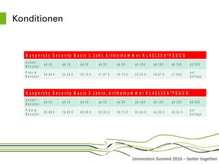 Univention Summit 2015 – better together
Konditionen
K a s p e r s k y S e c u r it y B a s is 1 J a h r, A r t ik e ln u m m e r K L 4 3 1 3 X A * F S U C S
A n z a h l
B e n u t z e r
a b 1 0 a b 1 5 a b 2 0 a b 2 5 a b 5 0 a b 1 0 0 a b 1 5 0 a b 2 5 0 a b 5 0 0
P r e is je
B e n u t z e r
3 8 , 0 8 € 3 4 , 2 0 € 3 0 , 7 0 € 2 7 , 5 7 € 2 4 , 7 6 € 2 2 , 2 4 € 1 9 , 9 7 € 1 7 , 9 3 €
a u f
A n f r a g e
K a s p e r s k y S e c u r i t y B a s is 3 J a h r e , A r t ik e ln u m m e r K L 4 3 1 3 X A * T S U C S
A n z a h l
B e n u t z e r
a b 1 0 a b 1 5 a b 2 0 a b 2 5 a b 5 0 a b 1 0 0 a b 1 5 0 a b 2 5 0 a b 5 0 0
P r e is je
B e n u t z e r
8 5 , 6 8 € 7 6 , 9 5 € 6 9 , 0 9 € 6 2 , 0 5 € 5 5 , 7 2 € 5 0 , 0 4 € 4 4 , 9 3 € 4 0 , 3 4 €
a u f
A n f r a g e
 