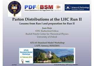 !
Parton Distributions at the LHC Run II!
Lessons from Run I and preparation for Run II
Juan Rojo!
STFC Rutherford Fellow!
Rudolf Peierls Center for Theoretical Physics!
University of Oxford!
!
ATLAS Standard Model Workshop!
LAPP, Annecy, 05/02/2015
Juan Rojo ATLAS SM Workshop, LAPP Annecy, 07/02/2015
 