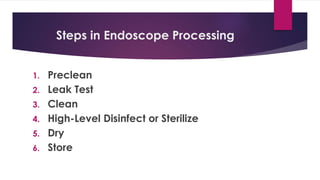 Steps in Endoscope Processing
1. Preclean
2. Leak Test
3. Clean
4. High-Level Disinfect or Sterilize
5. Dry
6. Store
 