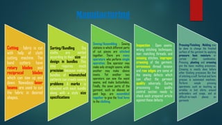 Manufacturing
Cutting : fabric is cut
with help of cloth
cutting machine. The
band cutters have
rotary blades and
reciprocal blades
which can saw up and
down. Nowadays laser
beams are used to cut
the fabric in desired
shapes.
Sorting/Bundling : The
cloths are sorted
according to their size and
design in bundles. This
step requires much
precision because making
bundles of mismatched
patterns can create severe
problems. A marker is
attached with each bundle
along with a style size
specifications.
Sewing/Assembling : Sewing
stations in which different parts
of cut pieces are stitched
together. There are many
operators who perform single
operation. One operator may
make only straight seams, while
another may make sleeve
insets. Yet another two
operators can sew the waist
seams, and make buttonholes.
Finally, the sewn parts of the
garment, such as sleeves or
pant legs, are assembled
together to give the final form
to the clothing.
Inspection : Open seams,
wrong stitching techniques,
non- matching threads, and
missing stitches, improper
creasing of the garment,
erroneous thread tension
and raw edges are some of
the sewing defects which
can affect the garment
quality adversely. During
processing the quality
control section needs to
check each prepared article
against these defects
Pressing/Finishing : Molding may
be done to change the finished
surface of the garment by applying
pressure, heat, moisture, or
certain other combination.
Pressing, pleating and creasing
are the basic molding processes.
Creasing is mostly done before
other finishing processes like that
of stitching a cuff. Vertical and form
presses is automated machines.
Perform simple pressing
operations, such as touching up
wrinkles in knit shirts, around
embroidery and snaps, and at
difficult-to-reach places on
garments
 