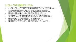 リワーク希望者のリアル
• ハローワーク/就労支援施設まで行くのも辛い…
• なかなか施設外プログラムの話が来ない…
• 面接の話が来たけど不安で仕方がない…
• プログラムで働き始めたけど、周りの目が…
• 働き始めてから緊張して眠れない…
• 実習でトラブッて、明日からどうしよう…
 