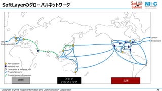 - 12 -Copyright © 2015 Nippon Information and Communication Corporation
SoftLayerのグローバルネットワーク
London
Amsterdam
NYC
Washington,D.C.
New Location
Network PoP
Datacenter & Network PoP
Private Network
Private Network Expansion
 