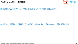 - 18 -Copyright © 2015 Nippon Information and Communication Corporation
SoftLayerサービスの整理
 SoftLayerのネットワークは、「Public」と「Private」があります。
 そして、提供される機能（サービス）も「Public」と「Private」で違いがあります。
 