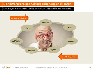 Da eröffnen sich uns nämlich auch noch viele Fragen
Der Buyer hat in jeder Phase andere Fragen und Erwartungen!
Dienstag, 10. März 2015 copyright talkabout consulting (alle Rechte vorbehalten) 44
Bedarfs-
bestimmung Erfahrung
LoyalitätEmpfehlung
Bewertung
Erwägung Kauf
Considerung joining
Considering leaving
 