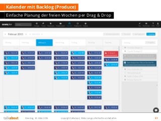 Kalender mit Backlog (Produce)
Einfache Planung der freien Wochen per Drag & Drop
Dienstag, 10. März 2015 copyright talkabout, Mirko Lange, alle Rechte vorbehalten 97
 