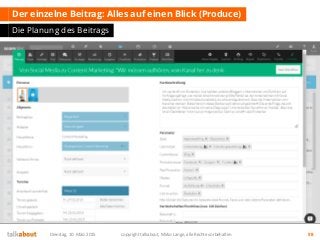 Der einzelne Beitrag: Alles auf einen Blick (Produce)
Die Planung des Beitrags
Dienstag, 10. März 2015 copyright talkabout, Mirko Lange, alle Rechte vorbehalten 98
 